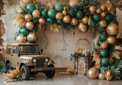 Jungle Safari Backdrop with Jeep, Green & Gold Balloons