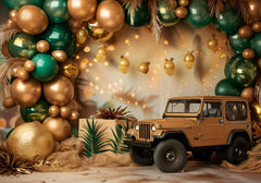 Wrinkle-Free Jungle Safari Backdrop with Jeep, Gold & Green Balloons