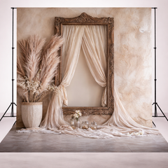 Rustic Beige Pampas & Vintage Window Frame Photography Backdrop
