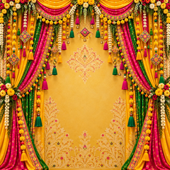 Premium Haldi Function Backdrop with Yellow, Pink & Green Traditional Drapes