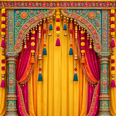 Royal Haldi Function Backdrop with Yellow Drapes