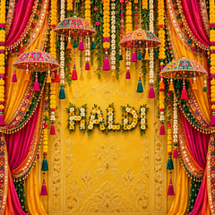 Premium Haldi Function Backdrop with Marigold Flowers & Rajasthani Umbrellas