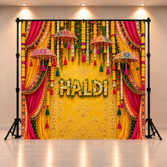Premium Haldi Function Backdrop with Marigold Flowers & Rajasthani Umbrellas