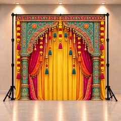 Royal Haldi Function Backdrop with Yellow Drapes