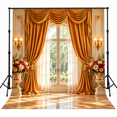 Luxury Golden Drapes & Floral Window Photography Backdrop
