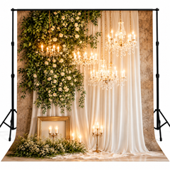 Luxury White Drapes & Green Floral Chandelier Photography Backdrop