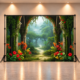 Enchanted Garden Pathway Backdrop with Floral Arch and Jungle View