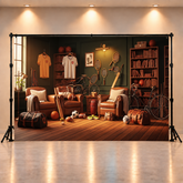 Vintage Sports Lounge Backdrop with Leather Chairs & Retro Gear