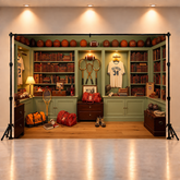 Vintage Sports Library Backdrop with Retro Jerseys, Books & Athletic Decor