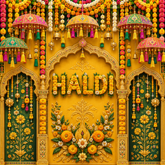 Royal Haldi Ceremony Backdrop with Marigold Floral Arch