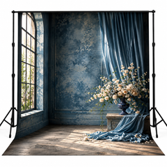 Luxury Blue Floral Window Photography Backdrop with Elegant Drapes