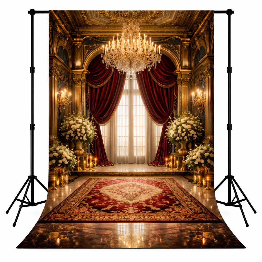 Luxury royal palace interior photography backdrop featuring crystal chandelier, red velvet curtains, golden architecture, floral arrangements, candlelight and vintage carpet for studio photography.