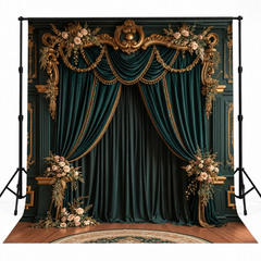 Royal Emerald Green Velvet Drapes & Gold Floral Palace Backdrop