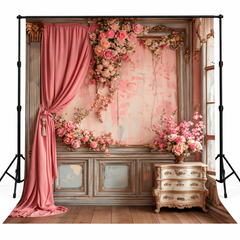 Blush Pink Floral Drapes & Vintage Luxury Interior Backdrop