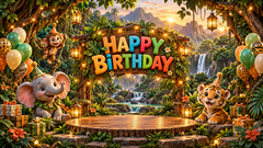 Jungle Safari Happy Birthday Backdrop with Cute Animals