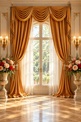 Luxury Golden Drapes & Floral Window Photography Backdrop
