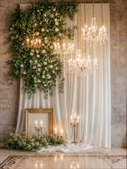 Luxury White Drapes & Green Floral Chandelier Photography Backdrop