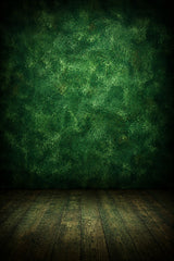 Deep Green Textured Studio Backdrop with Vintage Wooden Floor