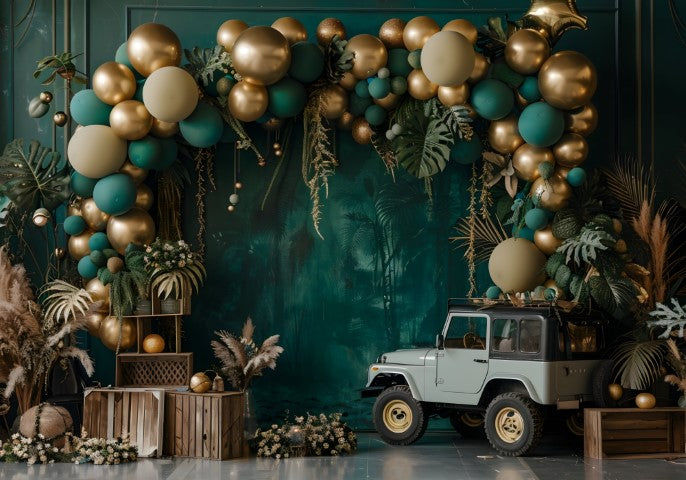 Jungle Escape Photo Backdrop with Jeep and Tropical Balloons