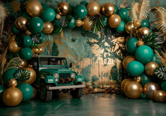 Wild One Jungle Party Backdrop with Jeep and Balloons