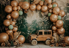 Wrinkle-Free Jungle Safari Backdrop with Jeep, Gold & Green Balloons