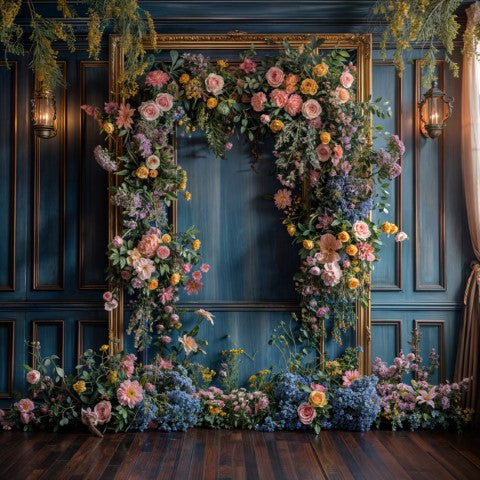 Fresh Blue Wall Floral Print Backdrop for Models
