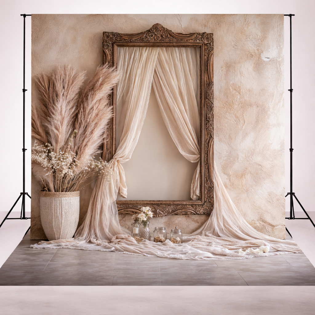 Rustic Beige Pampas & Vintage Window Frame Photography Backdrop