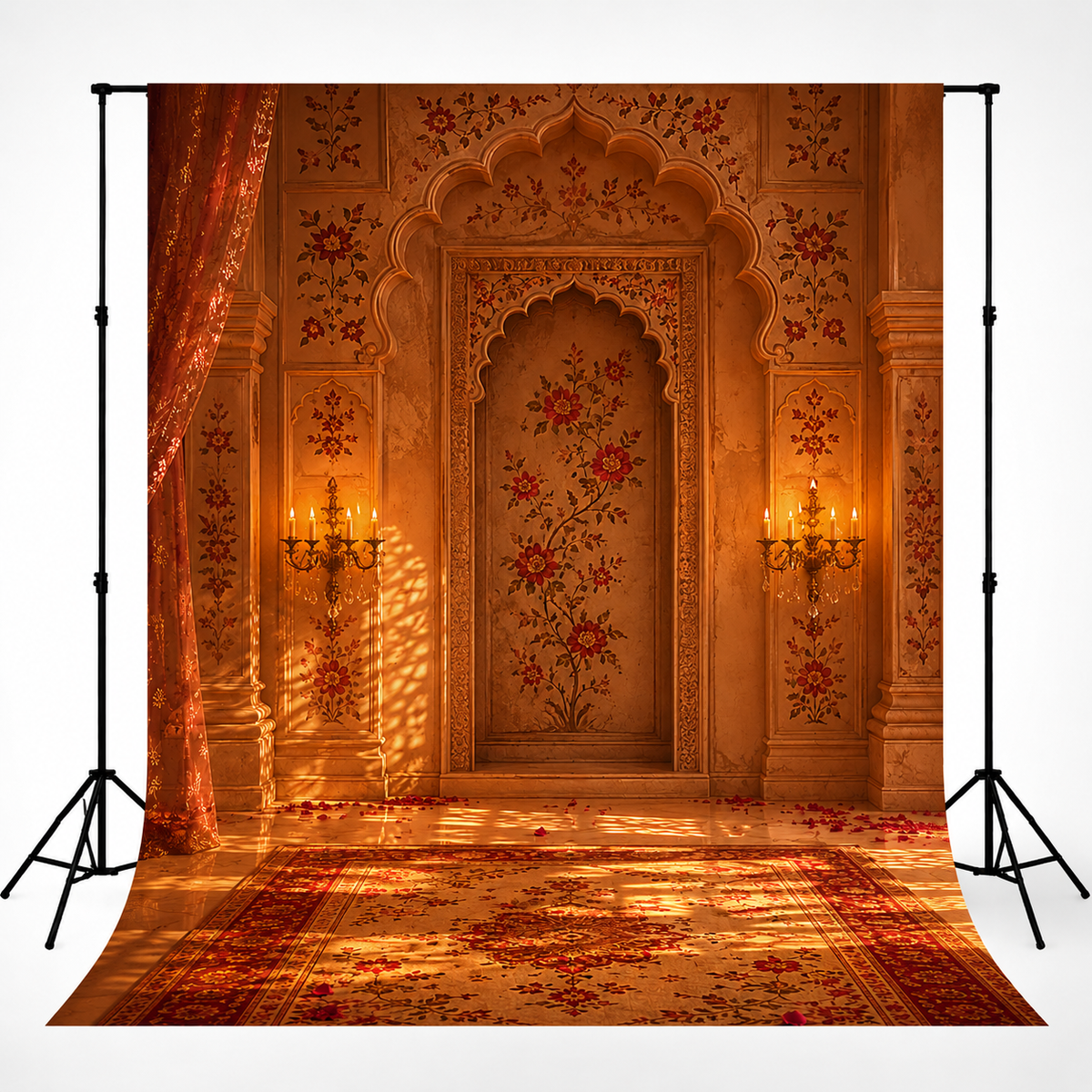 Luxury Mughal palace photography backdrop featuring floral arch architecture, golden lighting, ornate wall details, sheer drapery, and Persian rug flooring for professional portrait and fashion photography.