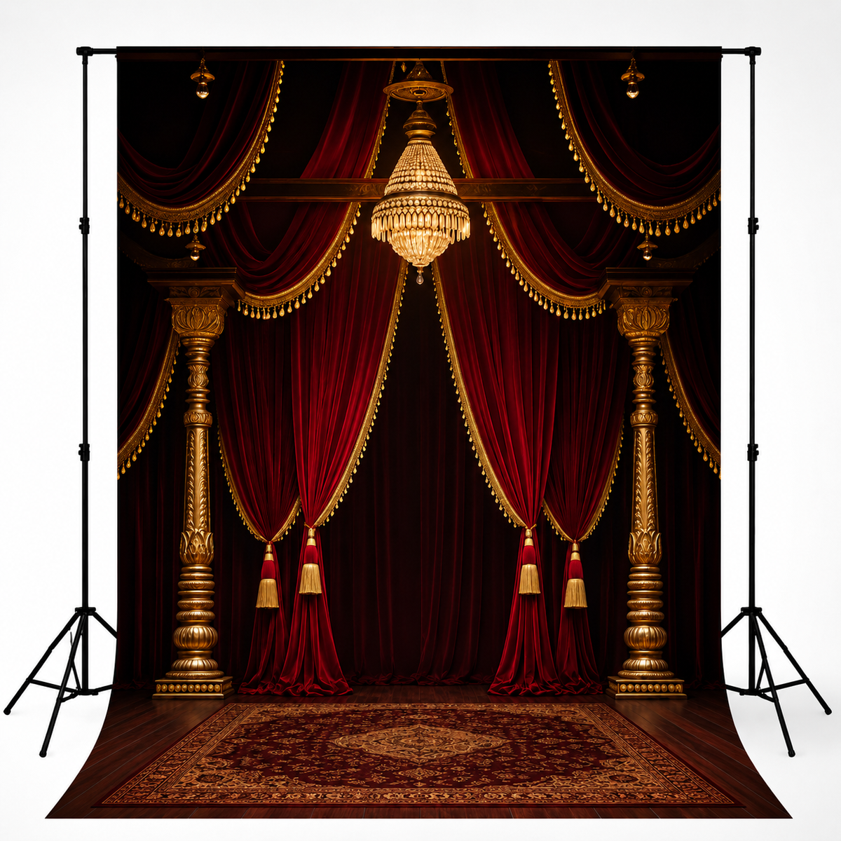 Luxury Royal Red Drapes & Gold Chandelier Salon Photography Backdrop