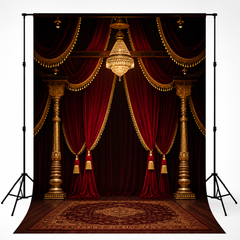 Luxury Royal Red Drapes & Gold Chandelier Salon Photography Backdrop