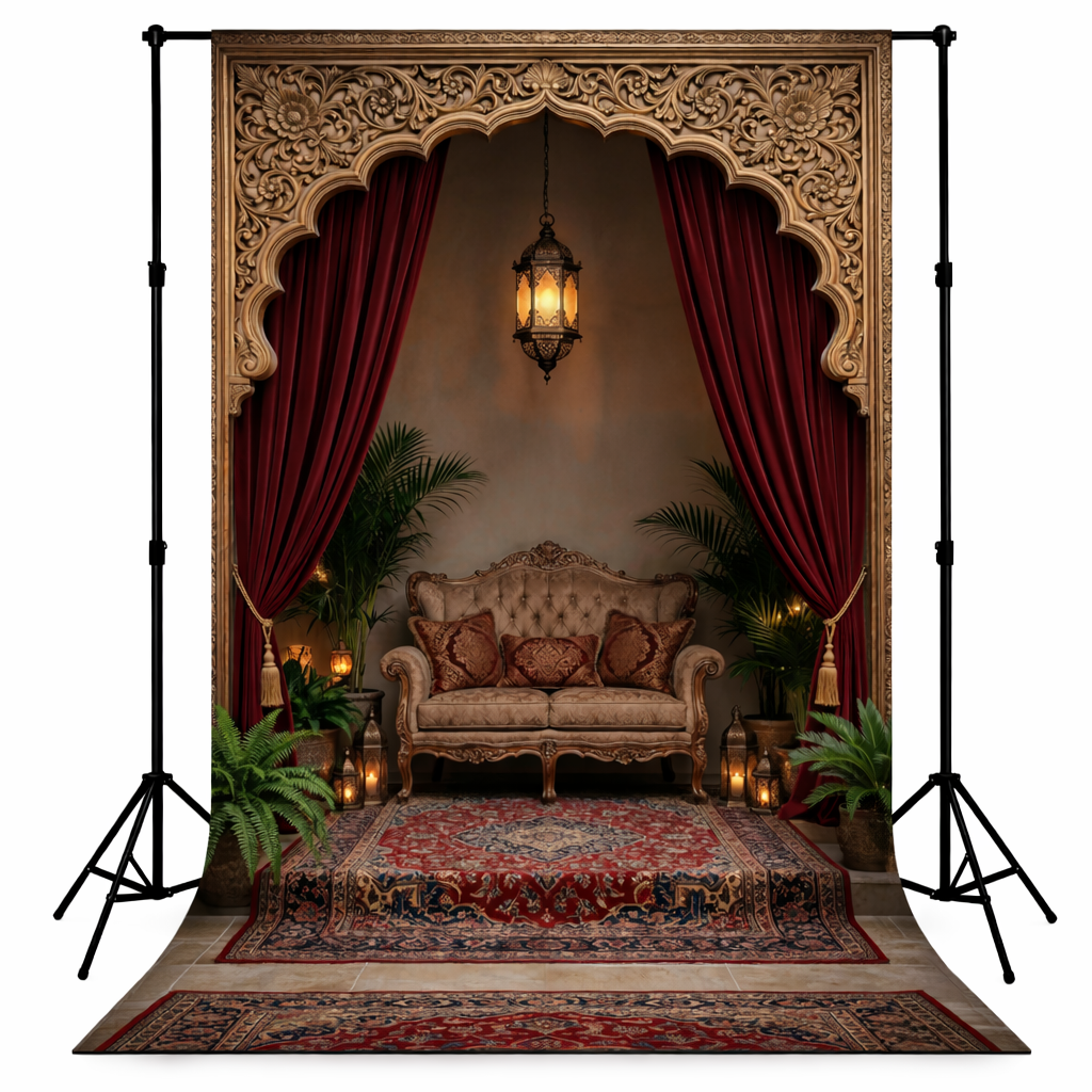 Majestic Palace Lounge with Red Drapes Backdrop