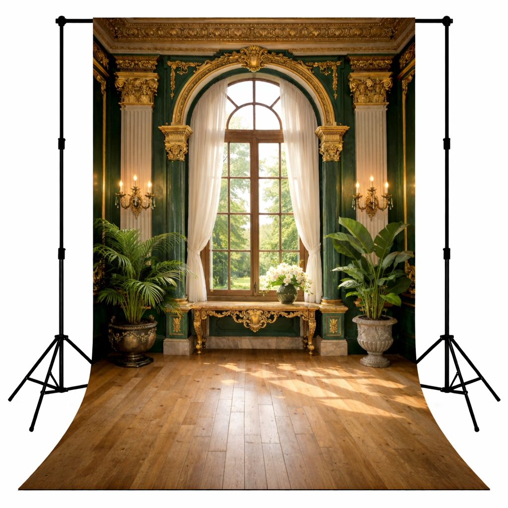 Royal Emerald Green Interior Salon Photography Backdrop with Elegant Window