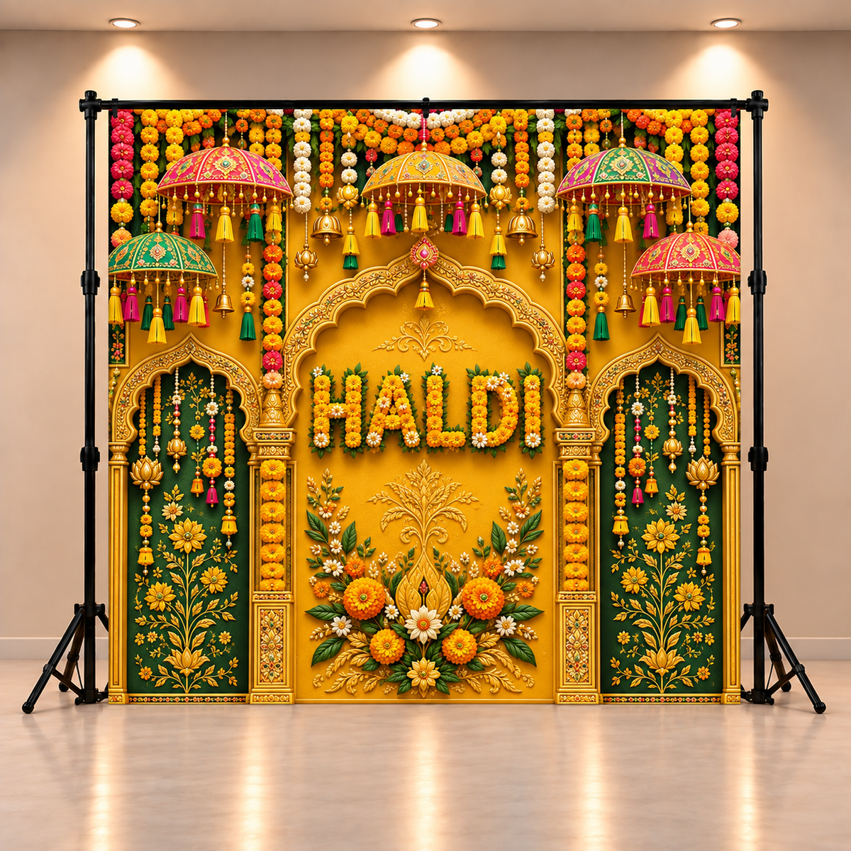 Royal Haldi Ceremony Backdrop with Marigold Floral Arch