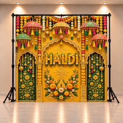 Royal Haldi Ceremony Backdrop with Marigold Floral Arch