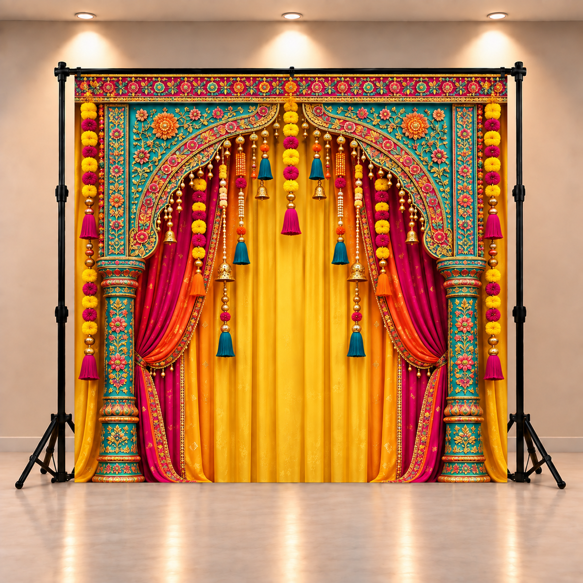 Royal Haldi Function Backdrop with Yellow Drapes