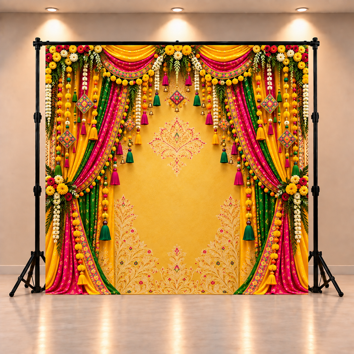 Premium Haldi Function Backdrop with Yellow, Pink & Green Traditional Drapes