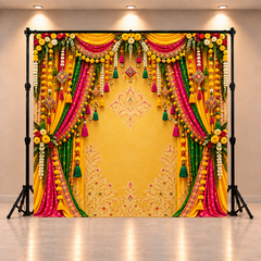 Premium Haldi Function Backdrop with Yellow, Pink & Green Traditional Drapes