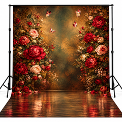 Luxury Red Rose & Butterfly Floral Garden Photography Backdrop