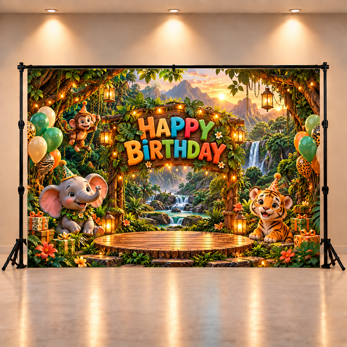 Jungle Safari Happy Birthday Backdrop with Cute Animals