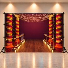 Traditional Indian Wedding Backdrop with Marigold Garlands and Diya Lighting Decor