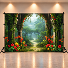 Enchanted Garden Pathway Backdrop with Floral Arch and Jungle View