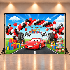 Cars Theme Birthday Backdrop with Balloons and Racing Decor for Boys Party