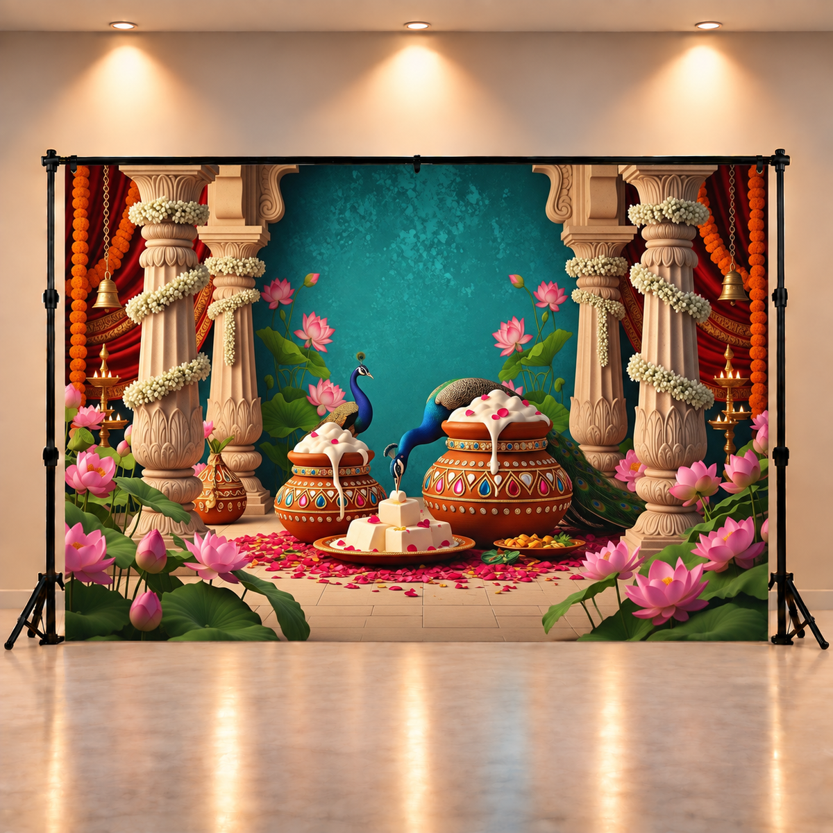 Elegant Krishna Night Backdrop with Peacock Touch