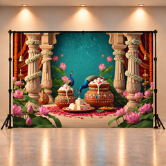Elegant Krishna Night Backdrop with Peacock Touch