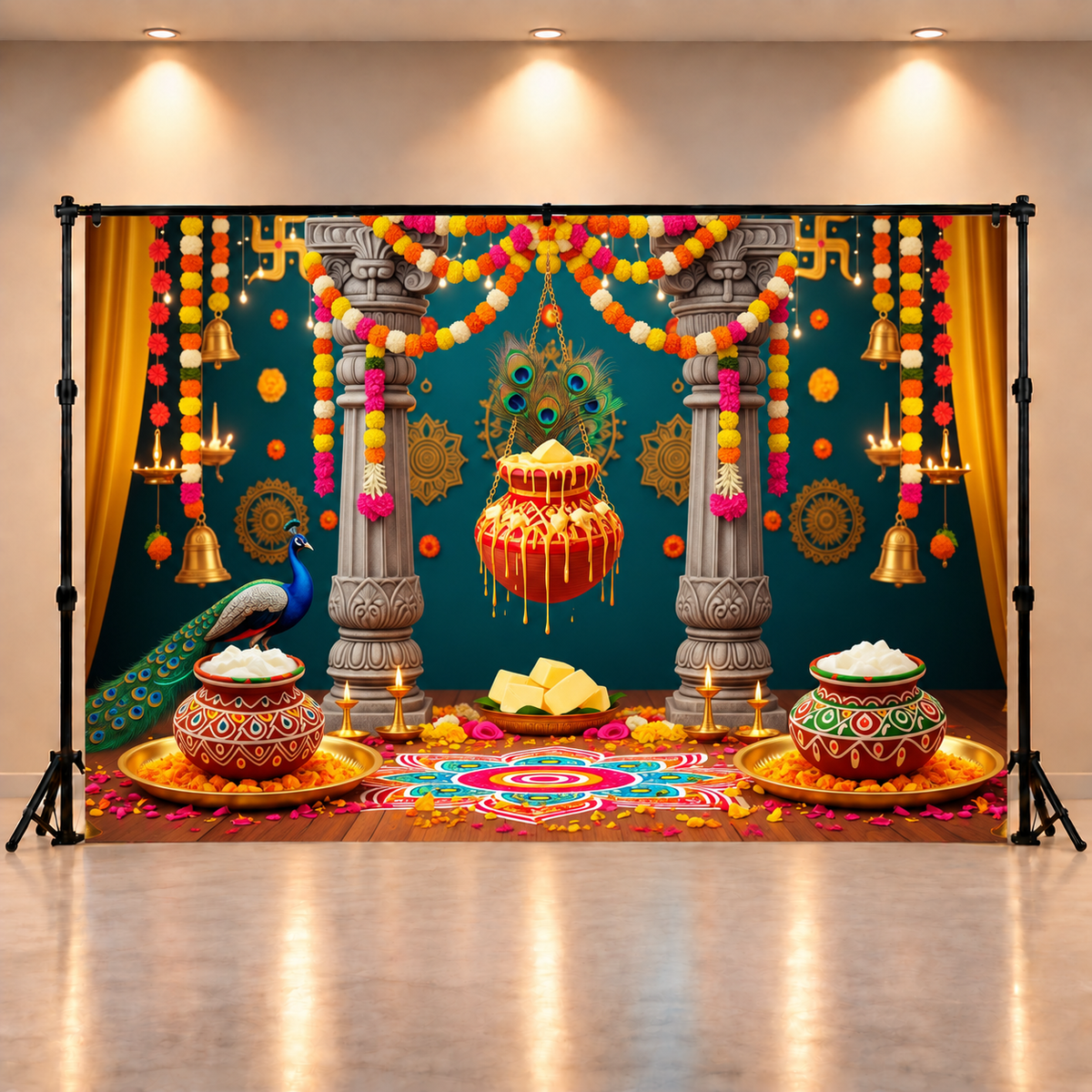 Festive Krishna Background with Garland
