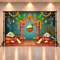 Traditional Janmashtami Backdrop with Matki Dahi Handi, Peacock & Temple Decor