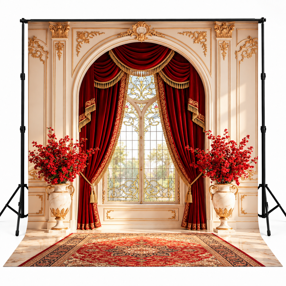 Premium Royal Red Velvet Palace Window Photography Backdrop