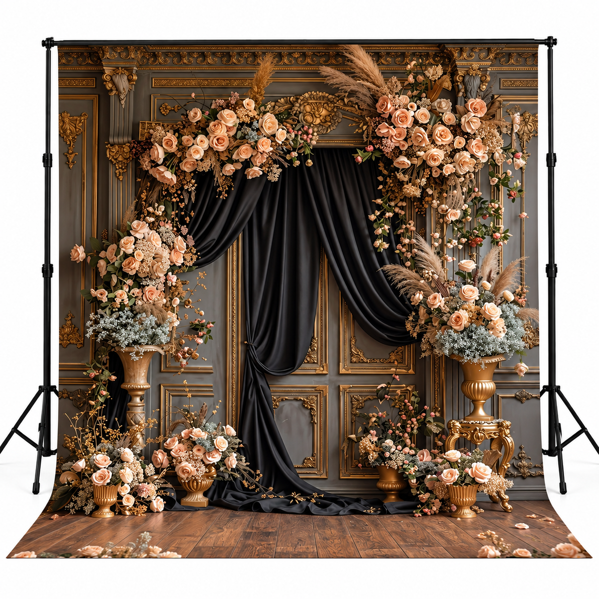 Luxury Black Drapes & Blush Floral Royal Photography Backdrop