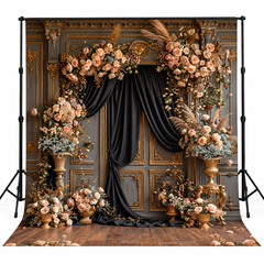 Luxury Black Drapes & Blush Floral Royal Photography Backdrop