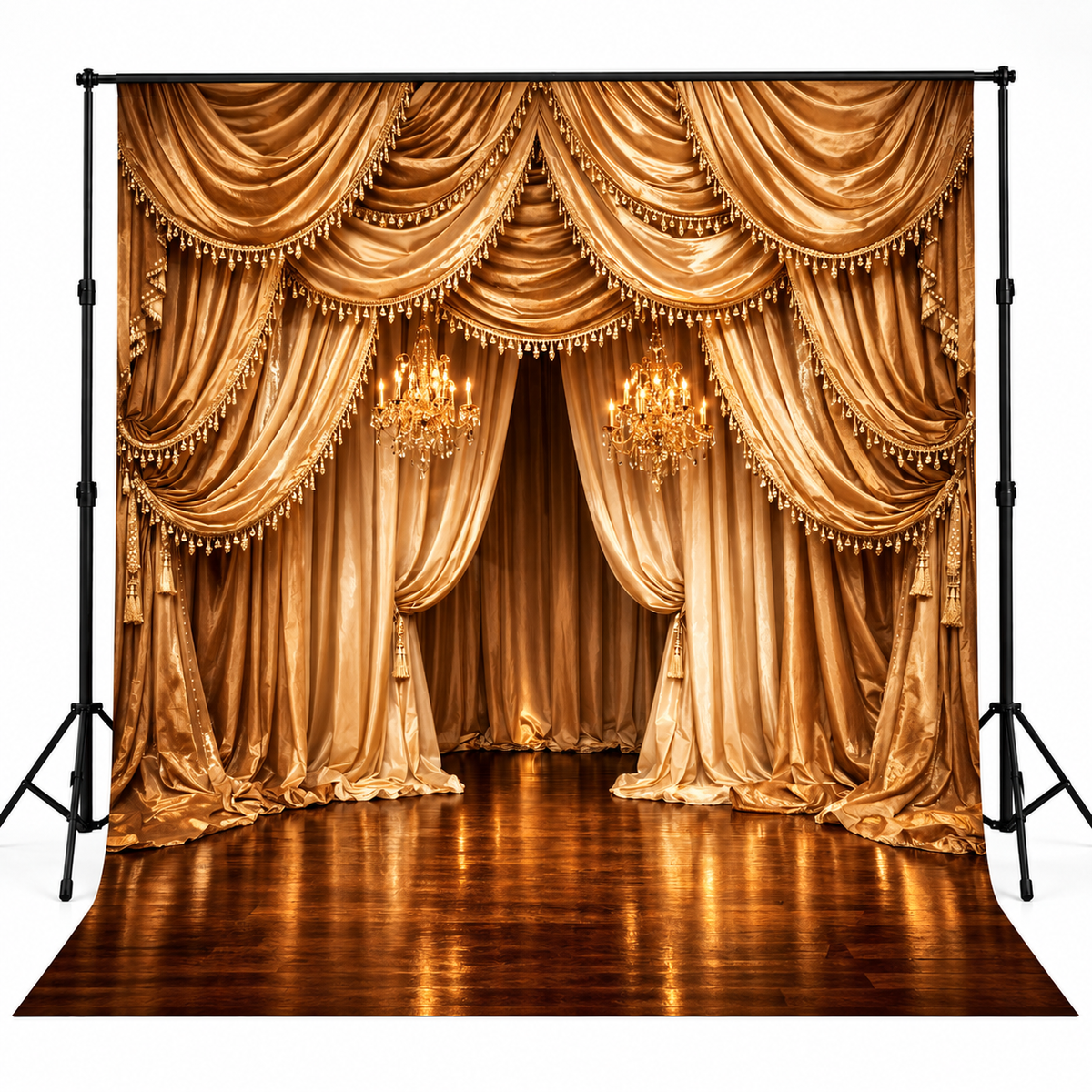 Luxury Golden Drapes & Crystal Chandelier Photography Backdrop